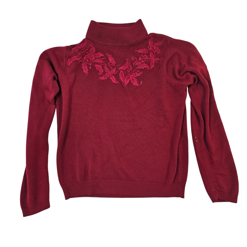 Reference Point Petites Burgundy Embroidered Mock Neck Floral Knit Sweater Red
